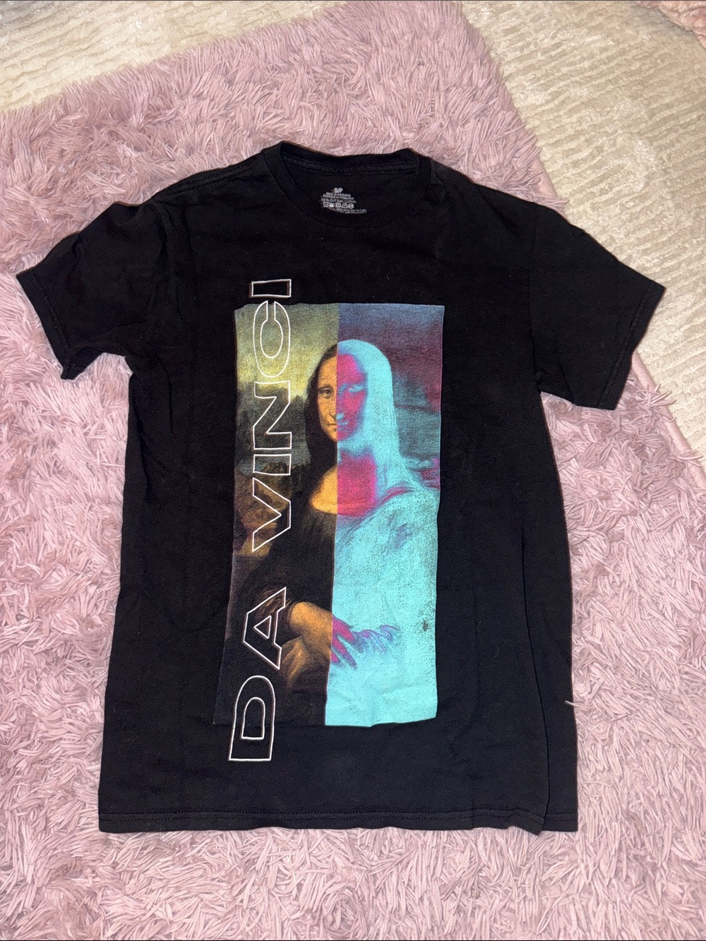 Black Graphic Tee with Mona Lisa Split-Color Print